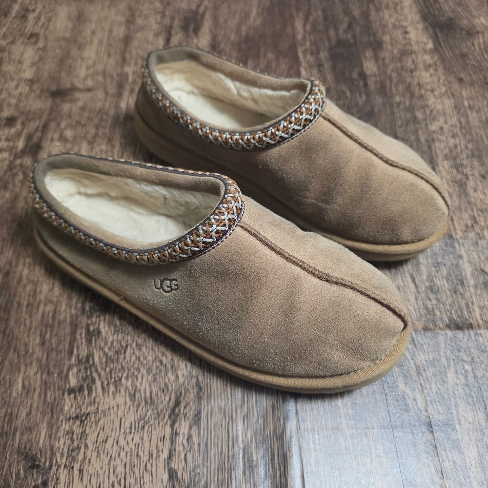 UGG Tasman Slippers Women 8 Brown Suede Embroidered Braid Trim Slip On Cozy